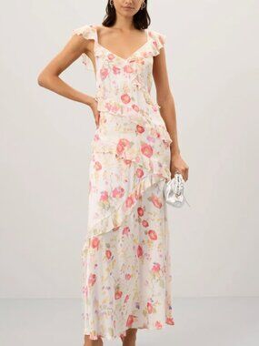 NWT RIXO London Floral Ruffle Midi Dress Size M US 8